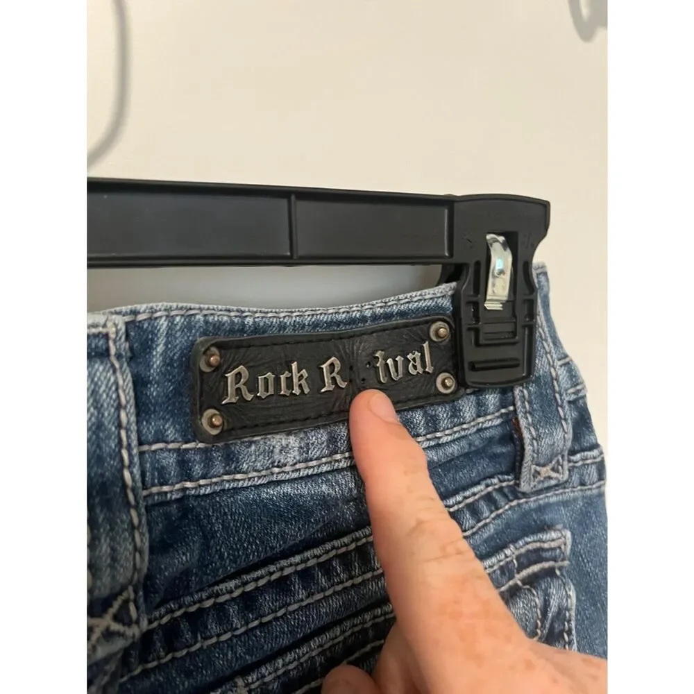 Rock Revival Tori Straight Blue Factory Distressed Denim Jeans Western Rodeo